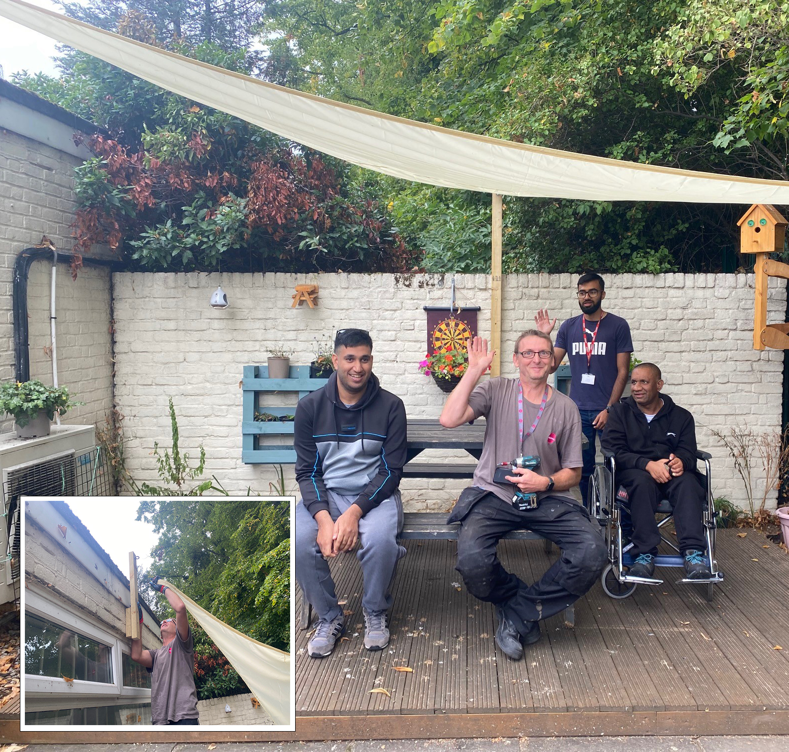 Parvaaz service users enjoying their decking with the new sun sail. Installed by OPSL opperatives